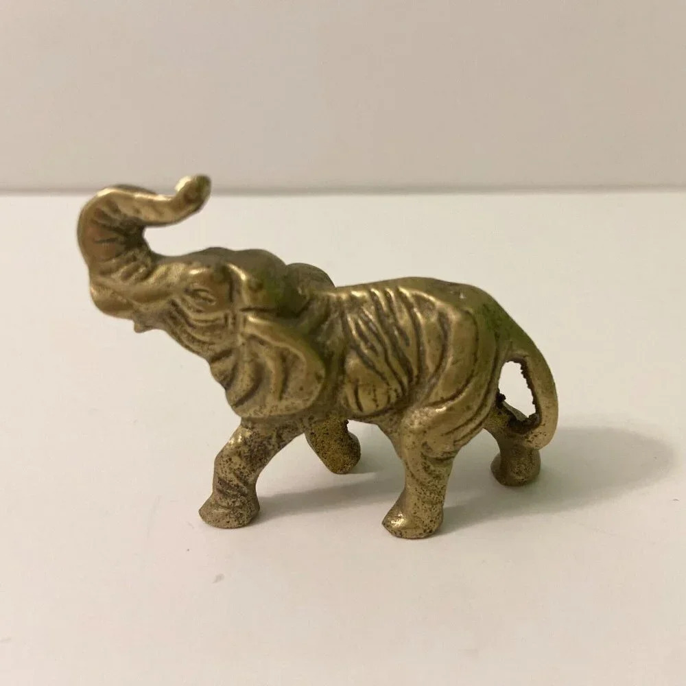 Vintage Small Brass Elephant Figure 2.5 Inch Long Size Trunk Up Figurine